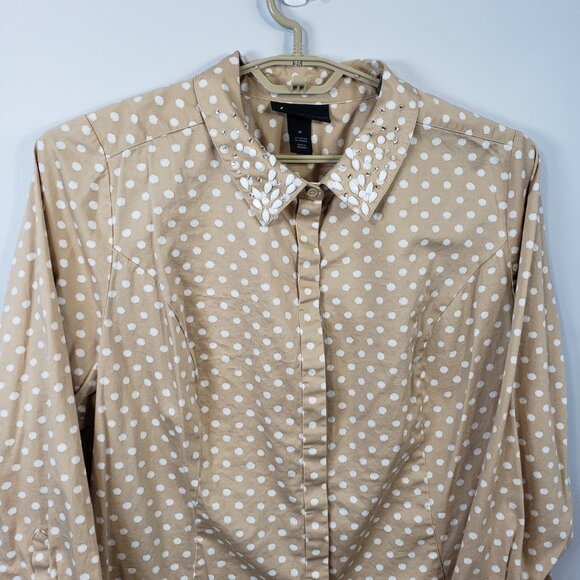 Lane Bryant Size 24 Top Hidden Button Tan White Polka Dot Embellished Shirt/A216 - Picture 3 of 10